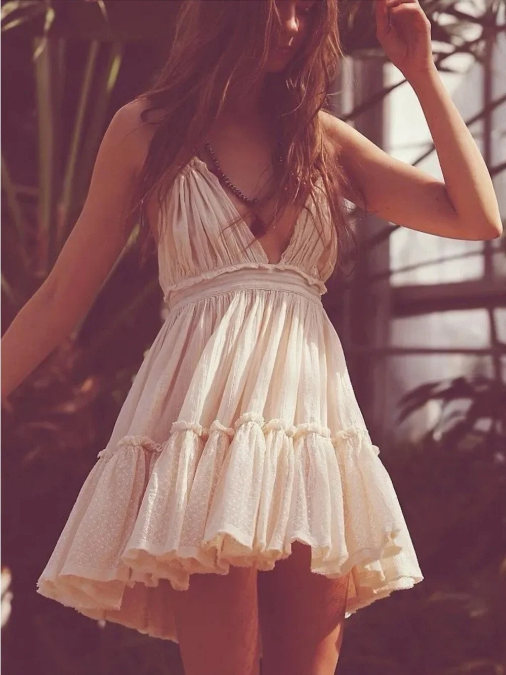 Plunging V-Neck Cream Mini Dress with Tiered Skirt